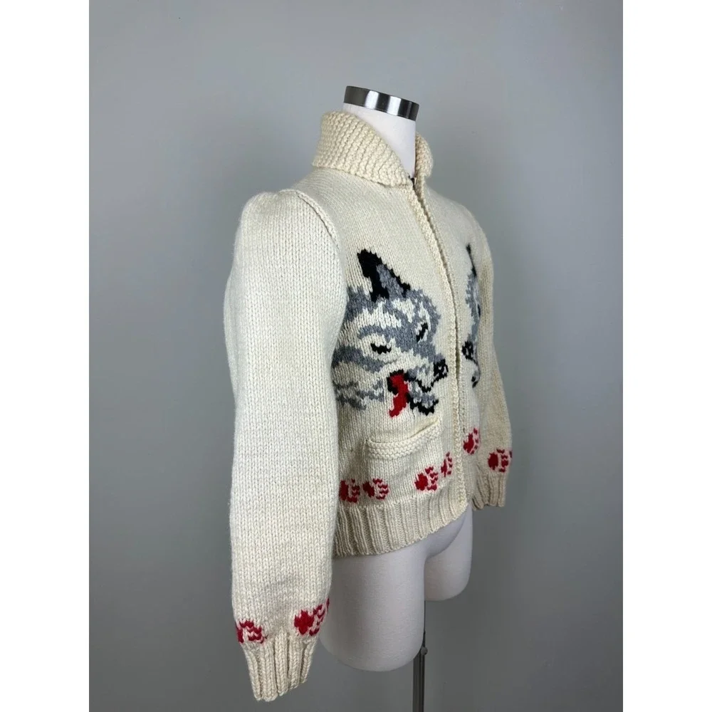 RARE Vintage 1950s Wolf Mary Maxim Cowichan Sweater Wool 100% Large - Picture 15 of 16